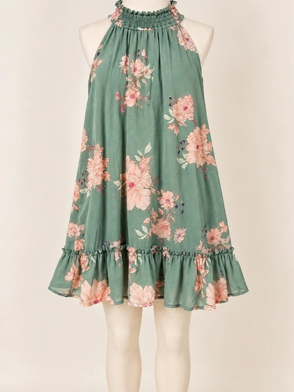 Eyeshadow Green Floral Smocked Halter Drop Waist Mini Dress Size L